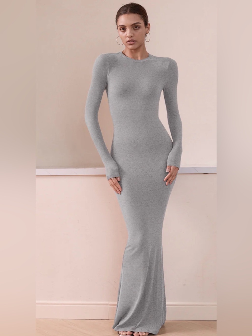ReoRia Gray minimalist mermaid Slim Long-Sleeve Maxi Dress